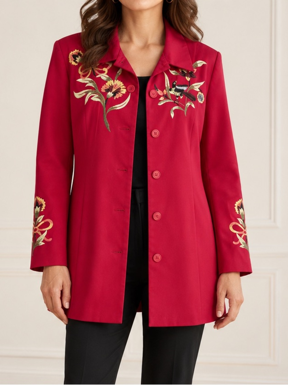 Victor Costa Occasion Large Vintage Red Embroidered Bird Floral Jacket Blazer